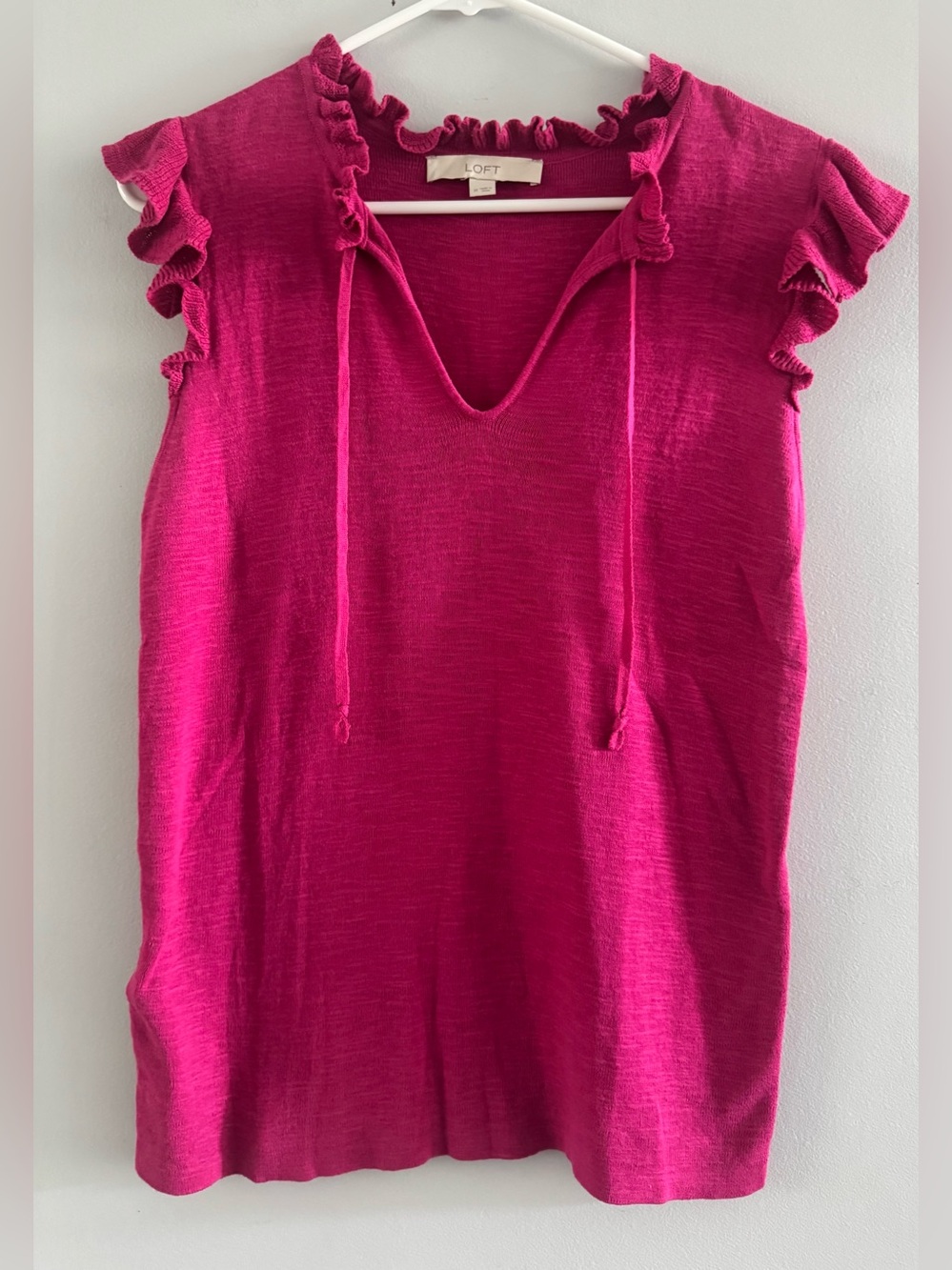 LOFT Medium Pink Ruffle Sleeve Sweater Split Neck Cotton Top